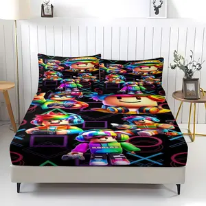 3-piece Roblox cartoon patterned bed sheet set, including 1 bed sheet and 2 pillowcases, comfortable bedding, non slip suitable for bedrooms, suitable for children and teenagers as gifts Bed Sheets Set