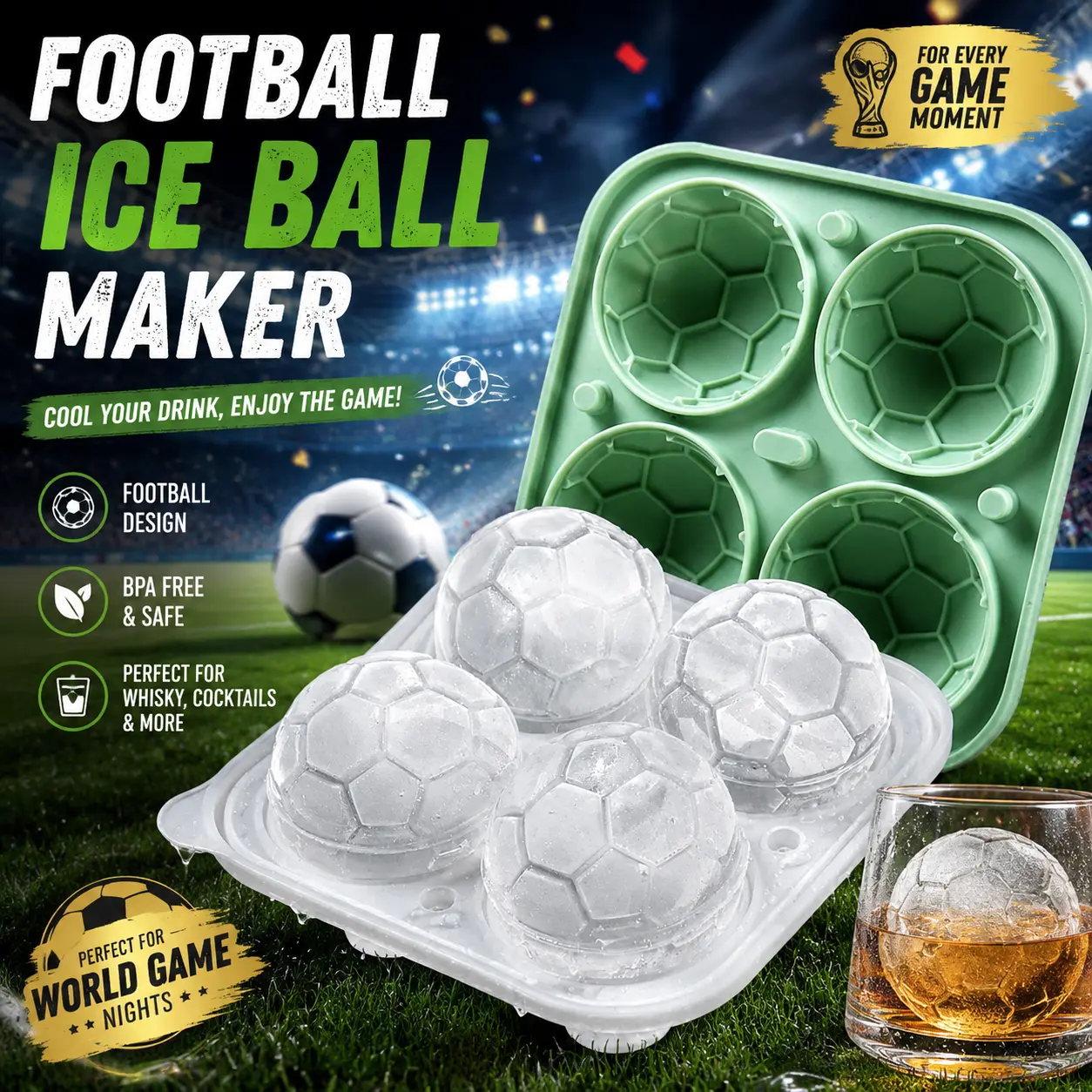 4-Cavity Silicone Football Shape Ice Ball Tray, Reusable Home Bar Accessories, Fun & Exquisite Ice Balls for Drinks, Party Game Night Gift Set of 4, Set Of Four