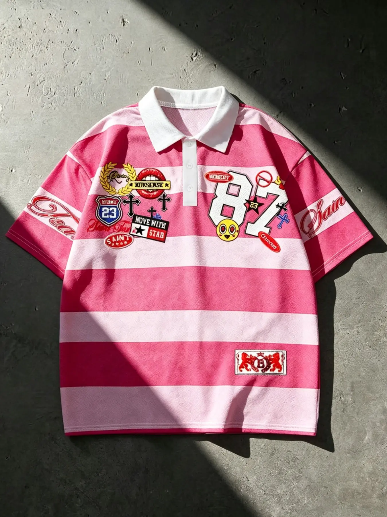Y2K Patchwork Striped Rugby Jersey, Vintage Streetwear Oversized Polo Shirt, Loose-Fitting Short Sleeve Top, Casual Fashion Menswear, Casual Polo Shirts