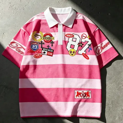 Y2K Patchwork Striped Rugby Jersey, Vintage Streetwear Oversized Polo Shirt, Loose-Fitting Short Sleeve Top, Casual Fashion Menswear, Casual Polo Shirts
