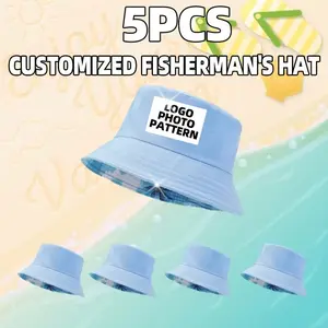 5pcs Custom Photo/Logo Personalized Bucket Hats - Dual-Sided Unisex Design, Machine Washable Non-Stretch Fabric for Family, Team, Easter, Thanksgiving, 4th of July Vacation & Outdoor Activities, Personalized Hat, Holiday Event Accessory, Fe