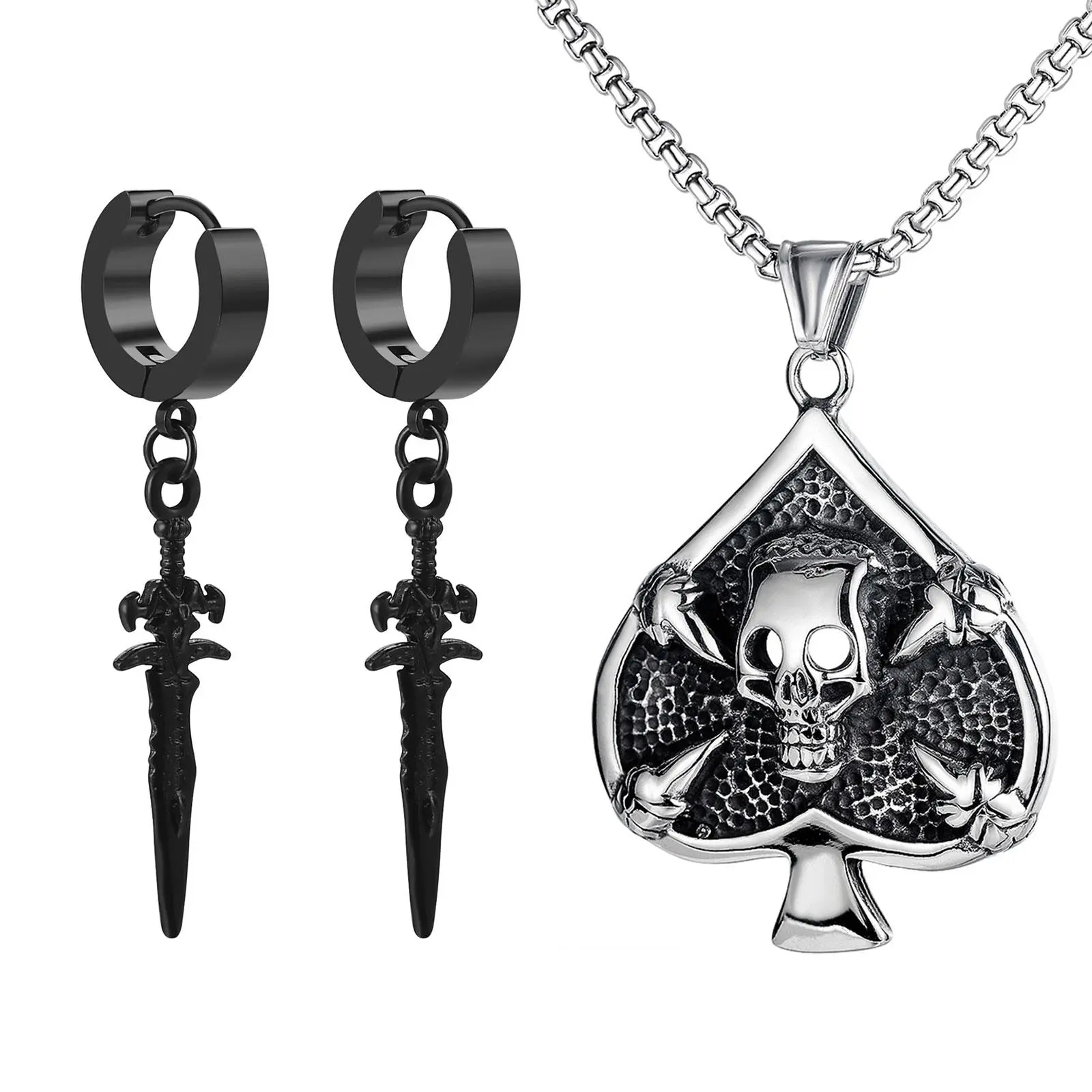 OIDEA Men's Gothic 2-Piece Stainless Steel Jewelry Set - Skull Poker Necklace, Cross Sword Earrings, Ace Spade Ghost Claw Pendant, Hip Hop Style