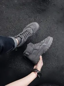 Men's Casual Outdoor Work Boots, Trendy Classic Fashion Design Leather Boots, British High-Top Men's Walking Shoes, Stylish All-Season Rubber Footwear