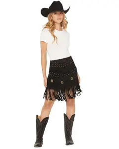 Fornia Women's Faux Suede Fringe Concho Mini Skirt - Frn-Cnc-Blk