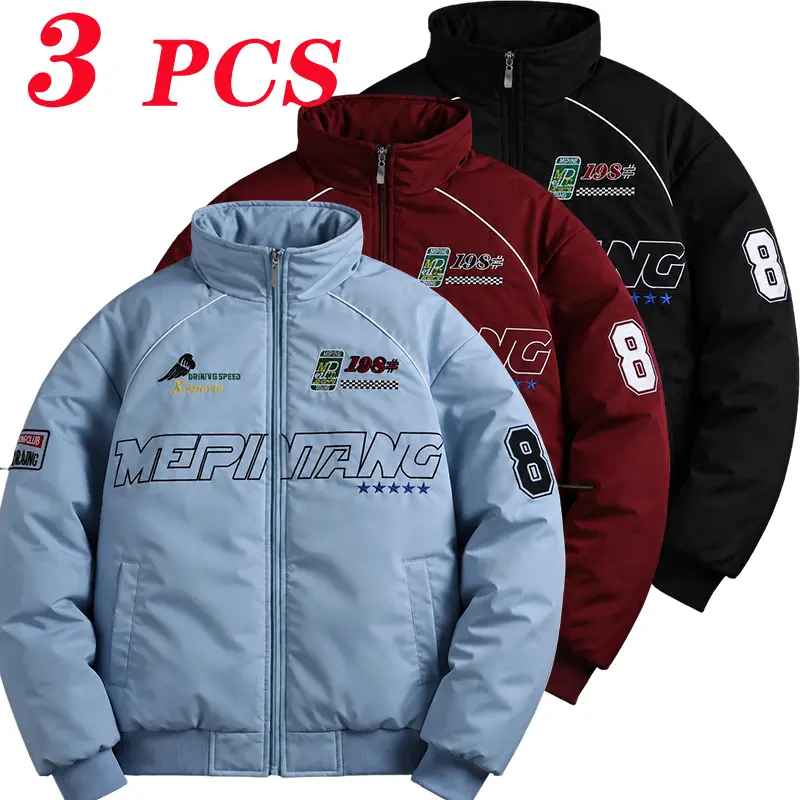 Men’s racing-style stand collar cotton jacket with letter embroidery and zipper closure, windproof winter coat, loose vintage motorcycle cotton outerwear, warm and lightweight top suitable for streetwear, everyday casual wear, and outdoor activities
