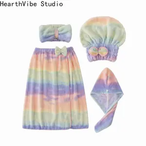 3PC bath towel, women's bath skirt, wearable beauty salon set, coral fleece tube top bathrobe, household adult can be wrapped, absorbent and quick-drying,summervibes