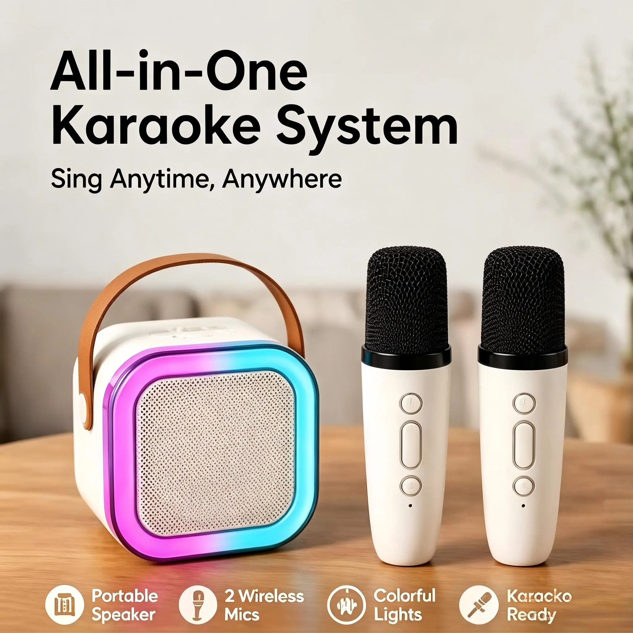 Wireless Bluetooth Karaoke System Combo Speakers with Microphone, 1-in-1 Portable Audio Subwoofer for Family Home Use, Kids Karaoke Setup, Compatible with Smartphones for Sport Travel Parties