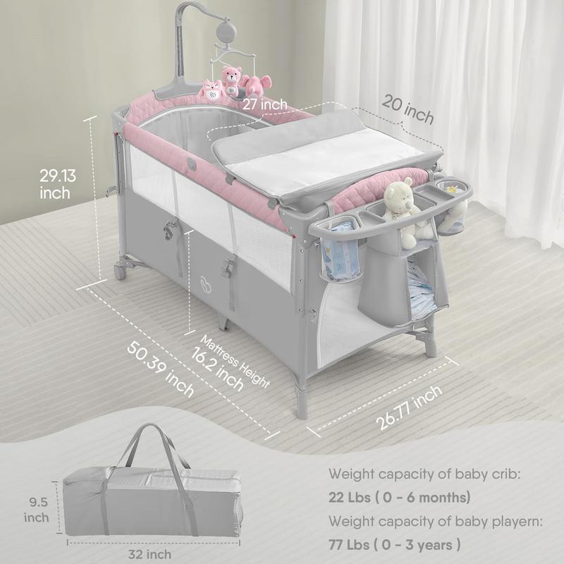 Baby Bassinet & Bedside Sleeper, Portable Baby Crib for Newborns and Infants, Foldable Playard with Mattress, Diaper Changer, Music Mobile for Nursery