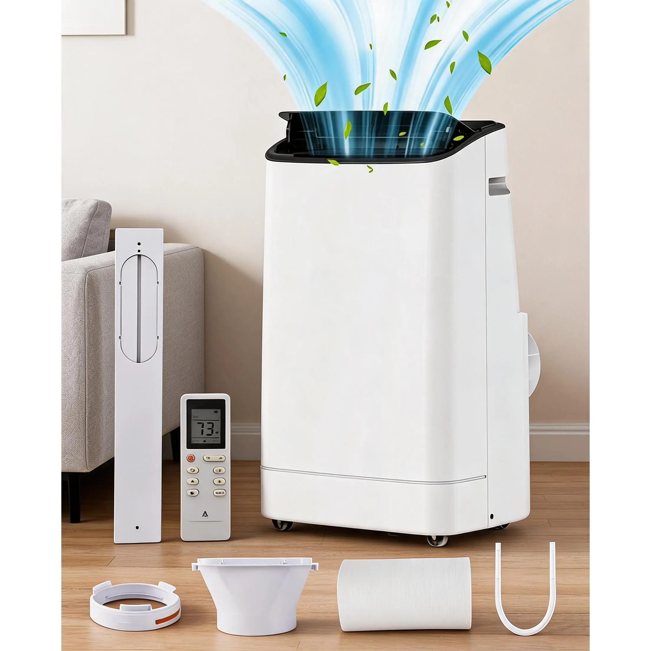 14000 BTU Portable Air Conditioner with Remote Control - 3-in-1 Free Standing Cooling Unit with Fan, Dehumidifier, 360° Wheels for 750 Sq Ft Living Rooms, Gyms, Dorms, Smart Mode, Sleep Mode, 3 Speed, Auto Swing, 24H Timer