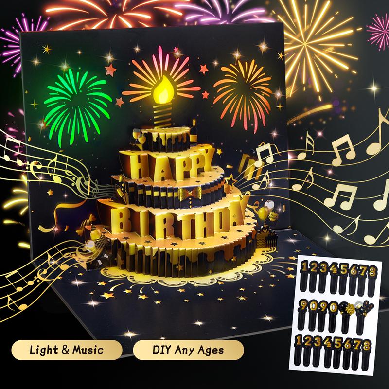 Birthday Pop-Up Card with 3D Cake & Fireworks, DIY Number 1-99, Musical Birthday Song, Black & Gold Design with Envelope, Special Gift Greeting Card