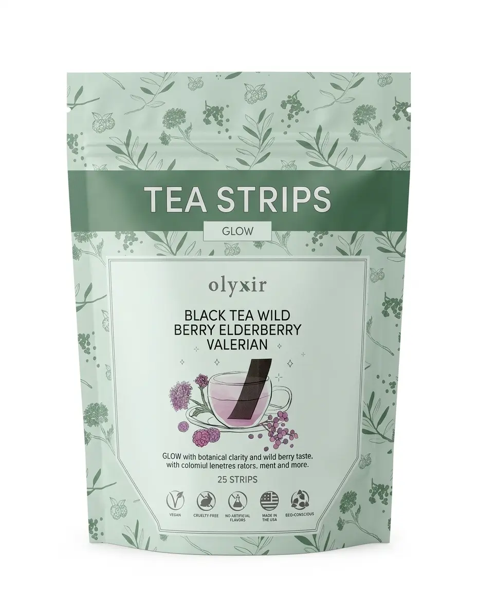 Glow Tea Strips | Black Tea Wild Berry Elderberry Valerian | Makes 25 Cups of Tea