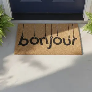 Evideco French Home Goods Rectangle Coir Door Mat Bonjour Non Slip Backing Natural Black 24x16 French Inspired Elegance Durable Easy to Maintain