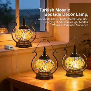 Handmade Turkish mosaic glass table lamp, Bohemian style night lamp for outdoor camping, mosaic colored glass lamp cover, rechargeable power supply wireless decorative lamp, suitable for bedrooms, living rooms, terraces, Halloween, Christmas gifts, etc.