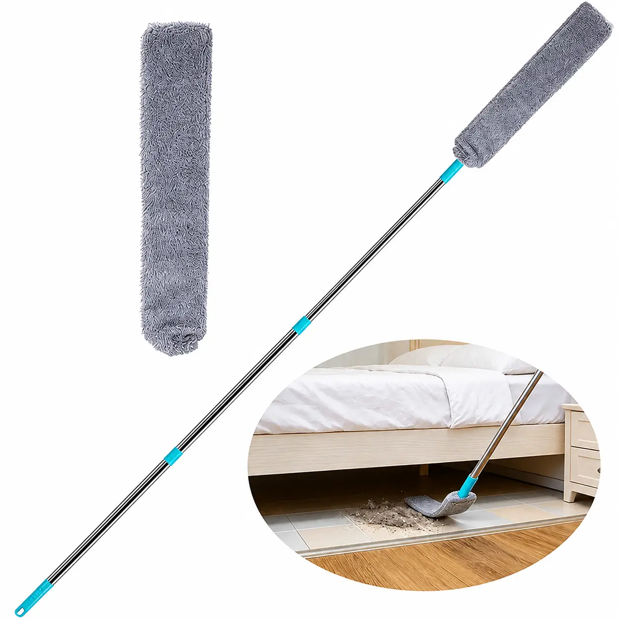 Telescopic Microfiber Dusting Brush - 1-2 Count Adjustable Long Handle Reusable Home Cleaning and Organizing Tool for Sofa Cushion Gaps, Bedroom, Stick Dusters/Duster Heads