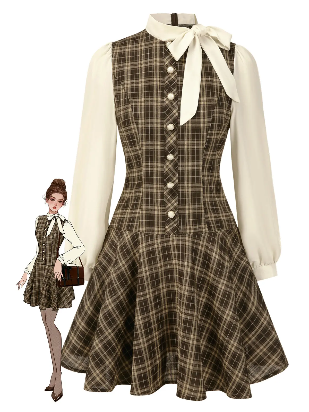 Brown 1960s Plaid Bow Tie Button Swing Dress Falloutfit Fallfashion Backtoschool
