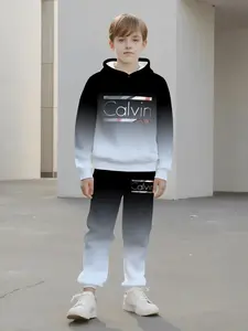 Men's Gradient Calvin Letter Hoodie Set, 3D Luxe Trendy Style, Slim-Fitting Sweatshirt & Pants Two-Piece Suit