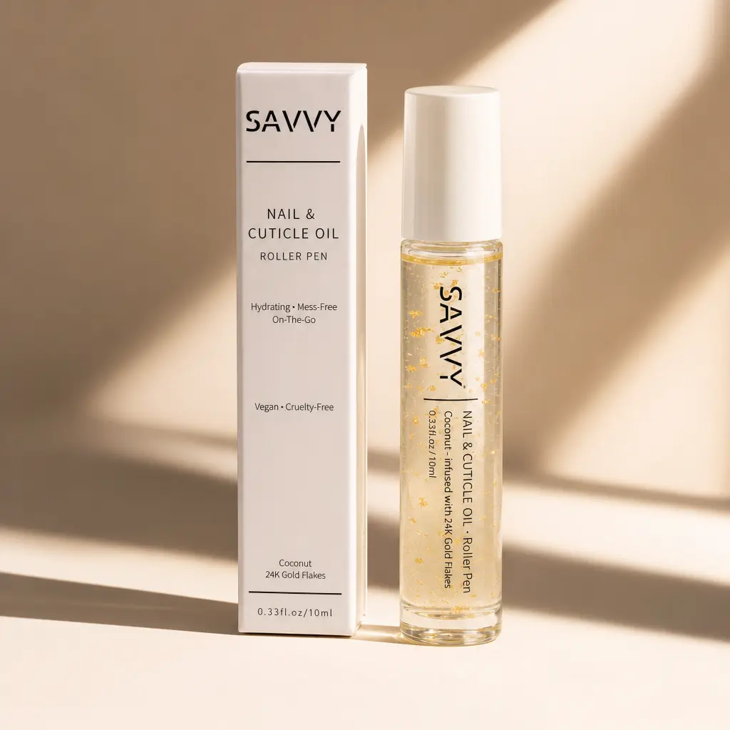 SAVVY Nail & Cuticle Oil Roller Pen – Vitamin E, Jojoba, Squalane & Grape Seed Oil, Hydrating Roll-On Cuticle Treatment, Fast-Absorbing & Mess-Free, Vegan & Cruelty-Free, 0.33 fl oz, Coconut, Peach, Nail Care
