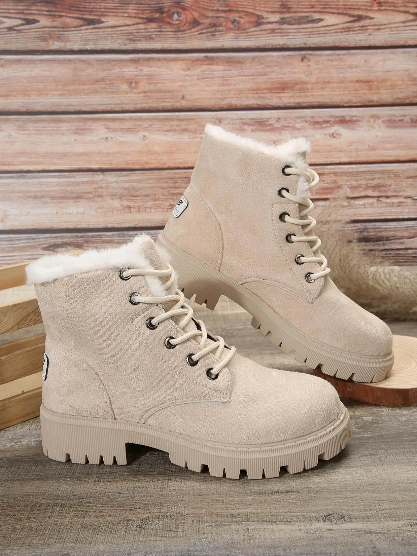 Women's Fashionable Contrast Faux Fur Label Patched Design Ankle Boots, Casual Warm Lace Up Snow Boots for Fall & Winter, Female All-match Trendy Shoe