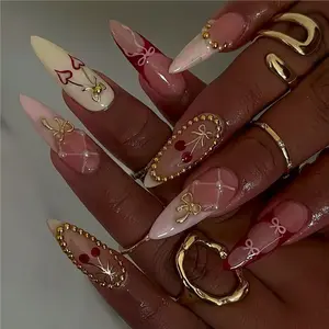 24 Pcs Gradient Almond Nails, 3D Cherry Bow Design, Gold Beads & Rhinestones, Glossy Gel False Nails, Reusable, Free Jelly Glue & File