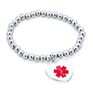 Blank Medical ID Bracelet Heart Shape Charm Identification Tag Stretch Bead