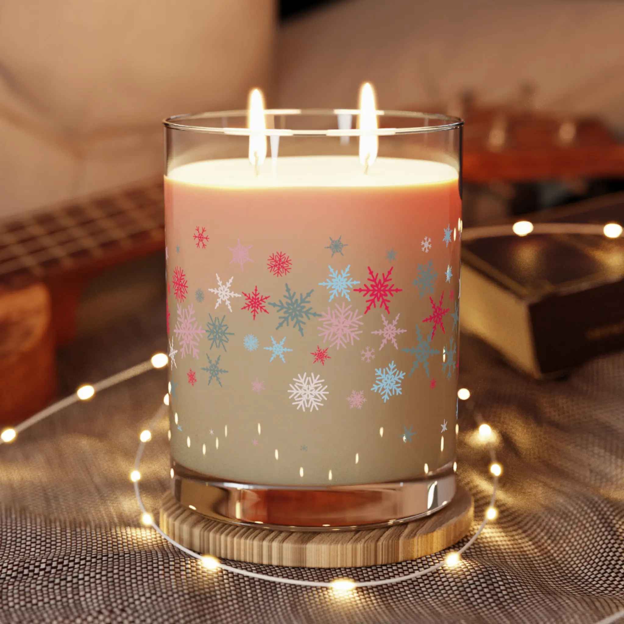 Whimsical Snowflakes Scented Soy Candle - 11oz Full Glass Jar with Cozy Fig Aroma, Decorative Sage & Moss Print, Inspirational Creative Gift for Luxury Friday Night Room Accessories, Lavender