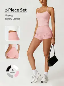 Women Solid Color Cami Crop Tank Top & High Waist Ruched Shorts Two Piece Set, Shaping Tummy Control Fit, Stretchy Breathable Fabric, Athleisure Wear Set, Gym Sets, Perfect for Yoga, Gym Workouts & Daily Wear