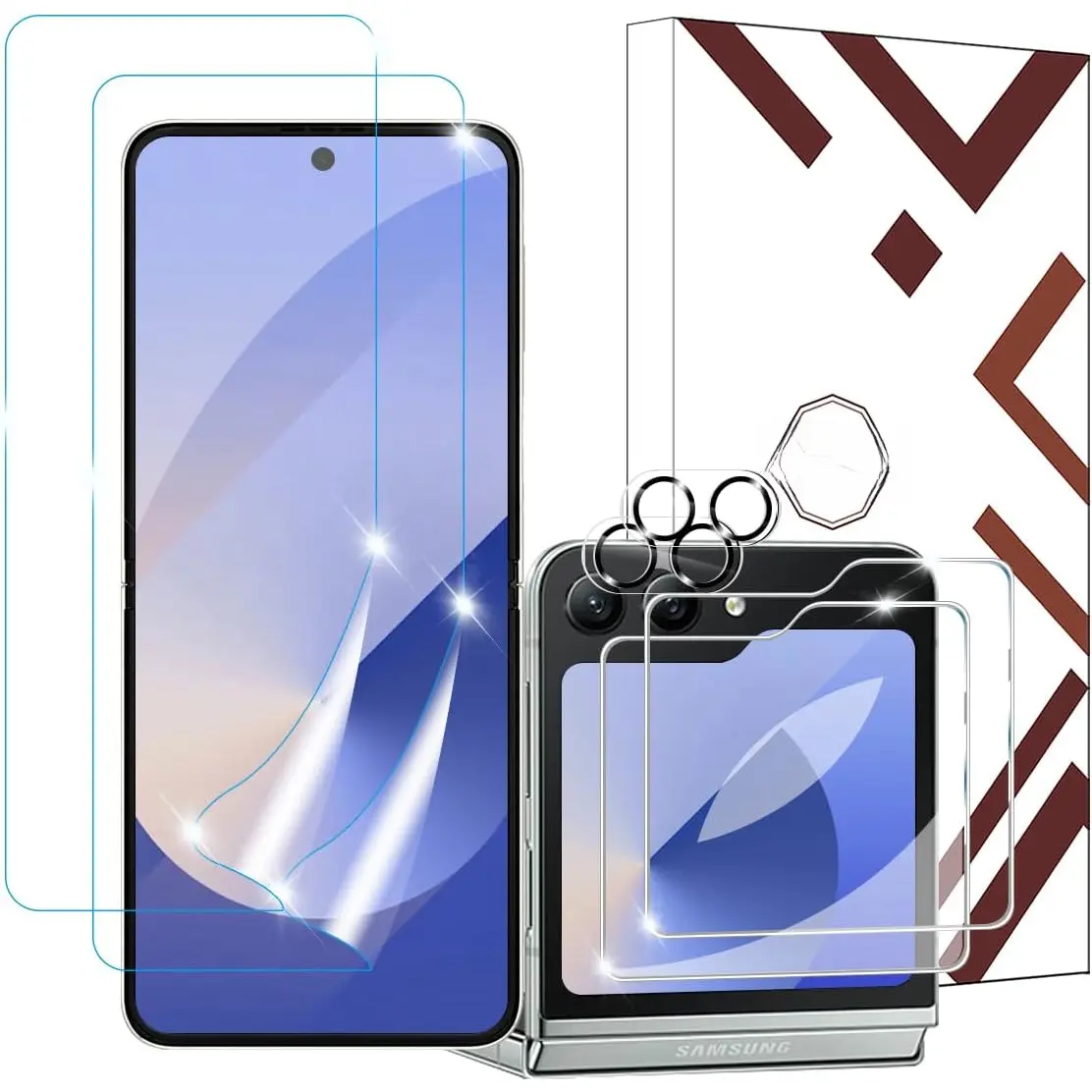 [6 in 1] Galaxy Z Flip 6 (6.7") Rainbow Protection Accessories - 2-Pack Screen Protectors (E PU Film, Tempered Glass), 2-Pack Camera Lens Protectors