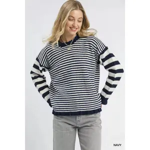 Umgee Ruffle Neck Stripe Sweater