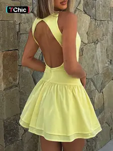 Sexy Backless Halter Neck Sleeveless Dress, Hollow Out Design, Layered Ruffle Hem, Short Casual Dress for Women