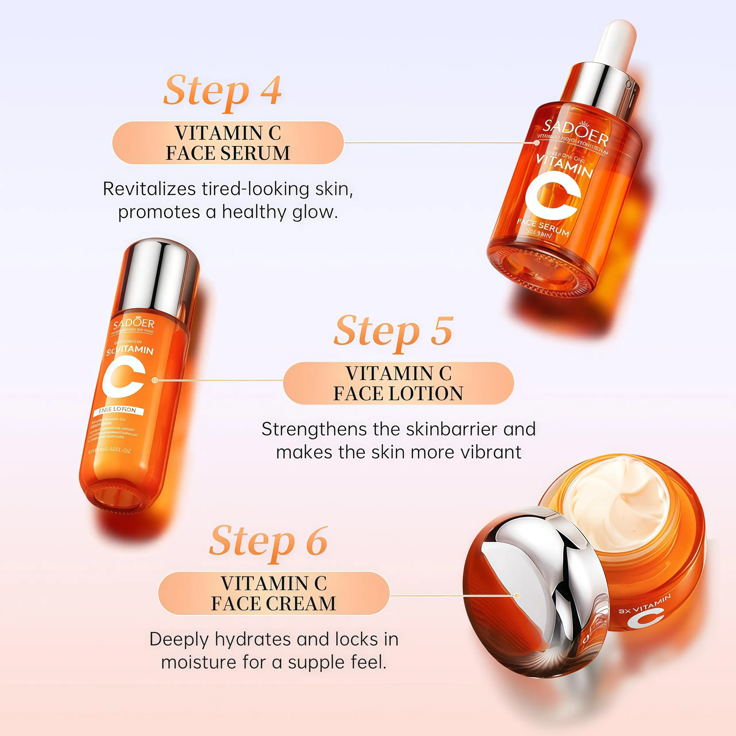 SADOER] 5X Vitamin C Skincare Set Hydrating Glowing Repairing Skin