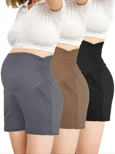 Women Casual Fit Maternity Solid Color Pocket Shorts, High Stretch Maternity Shorts, Maternity Bottoms for Summer, Womenswear, Casual Comfy Shorts
