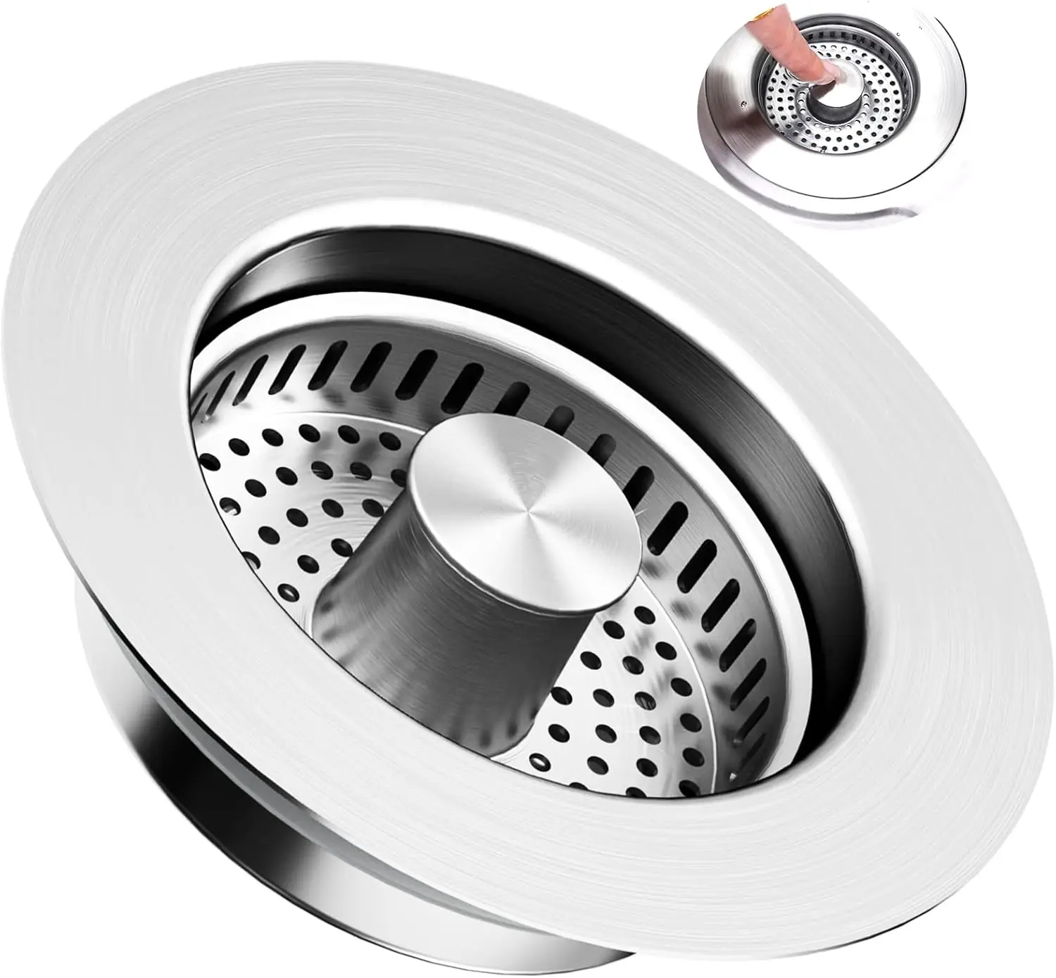 All Metal Stainless Steel 3-in-1 Kitchen Sink Drain Strainer and Stopper Combo, Upgraded Sink Stopper, Anti-Clog Stainless Steel Basket Strainer with Handle, Suitable for US Standard 3-1/2 Inch Drains