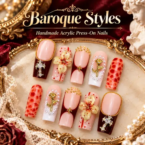 Lovful Baroque Style Gorgeous Handmade Acrylic Press-On Nails|10PCS Reusable,Salon Quality Beauty Products Outdoorfun #SohoChic
