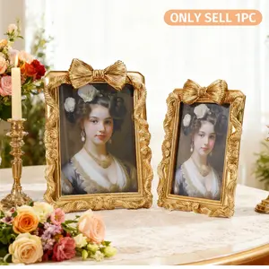 Luxurious European Court Style Gold Bow Photo Frame, Resin Material, French Rococo Indoor Desk Decor, Perfect for Birthday Gifts