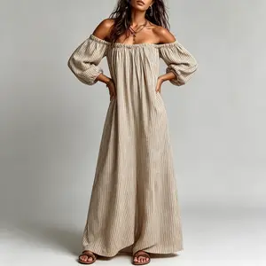 Women's Casual Striped Summer Long Dress - 1-Shoulder Strapless Style, Elegant Chic Lady Wear with Feminine Vibe, Ideal for Vacations, Pairable with Accessories