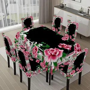 5/7-piece 2D Flat Printing Happy Spring Pink White Rose Bow Printing Pattern Tablecloth and Chair Cover Set, for dining table and chair decoration, perfect for home, holiday gatherings, restaurants, and parties.