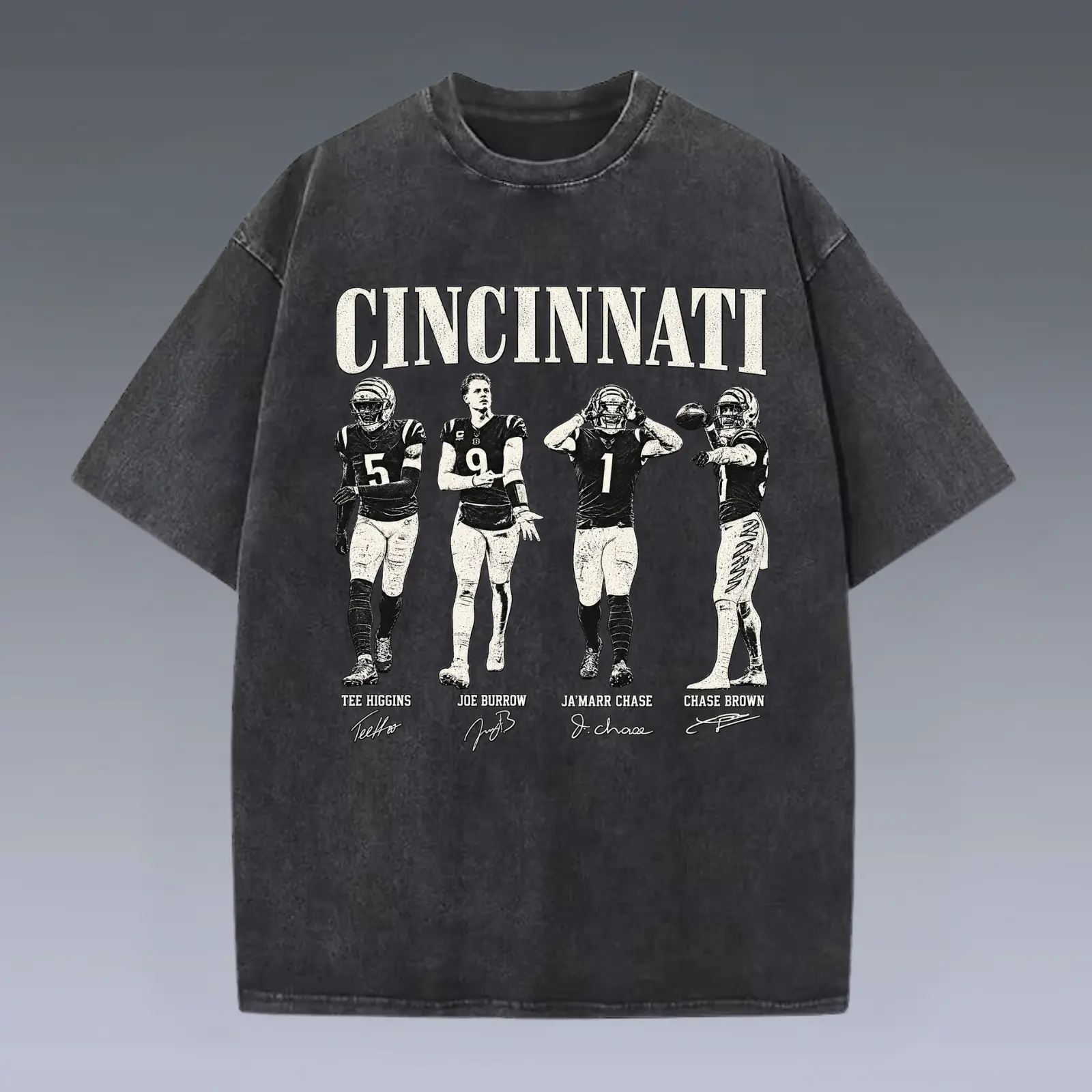 Cincinnati Football Team Washed & Comfort Color T-Shirt, Joe Burrow Ja Marr Chase Higgins Chase Brown shirt, Cincinnati Football merch, Game Day Shirt, Football Tee clothes, men's clothing clothes merch, Streetwear, Gift For Him & Her