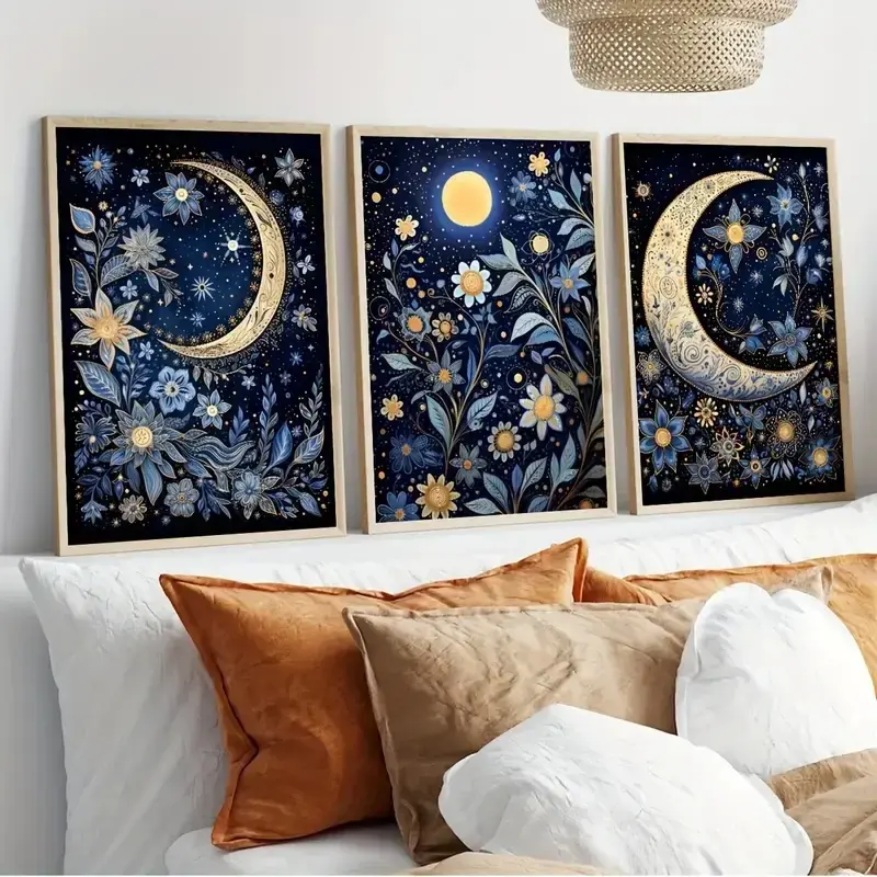 3pcs/set Vintage Moon and Stars William Morris Exhibition Posters Prints Sun Moon Print Canvas Painting Wall Art Starry Sky Pictures for Room Home Decor