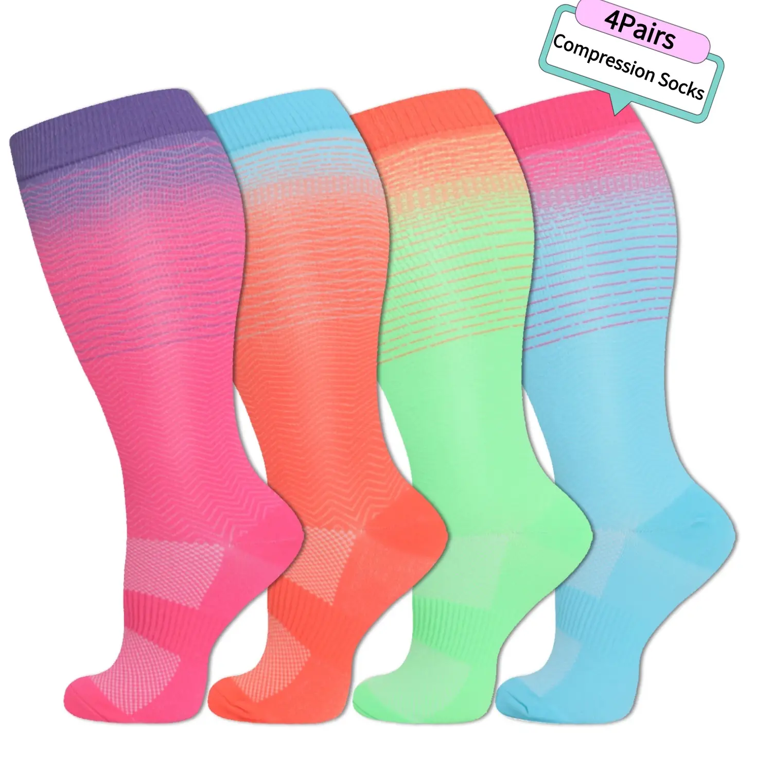 4 Pairs Plus Size Patterned Nylon Compression Socks - 15-20 mmHg Knee Socks, Knee-High Compression Stockings for Running, Travel