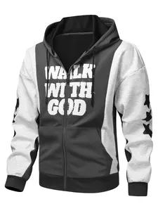 Color Block Patchwork Hoodie Cardigan - Stylish Printed, Versatile Casual Athletic Long Sleeve Jacket