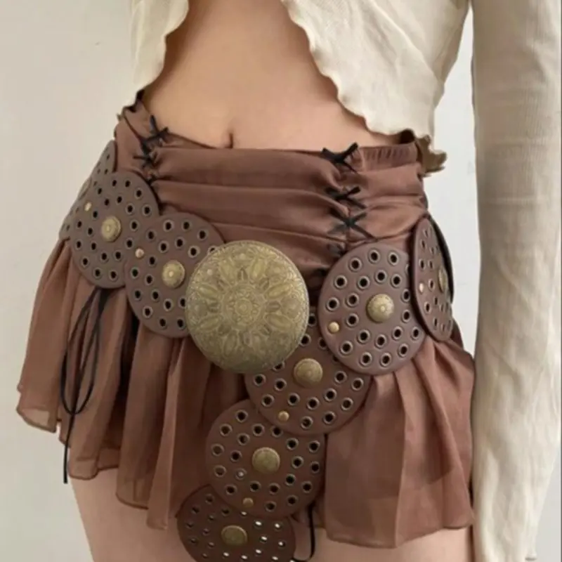 Women's Disc Buckle Belt, Vintage Trendy Belt, Fashionable Clothes Accessories for Daily & Party Decoration, Western Concho Belts, Boho PU Belt