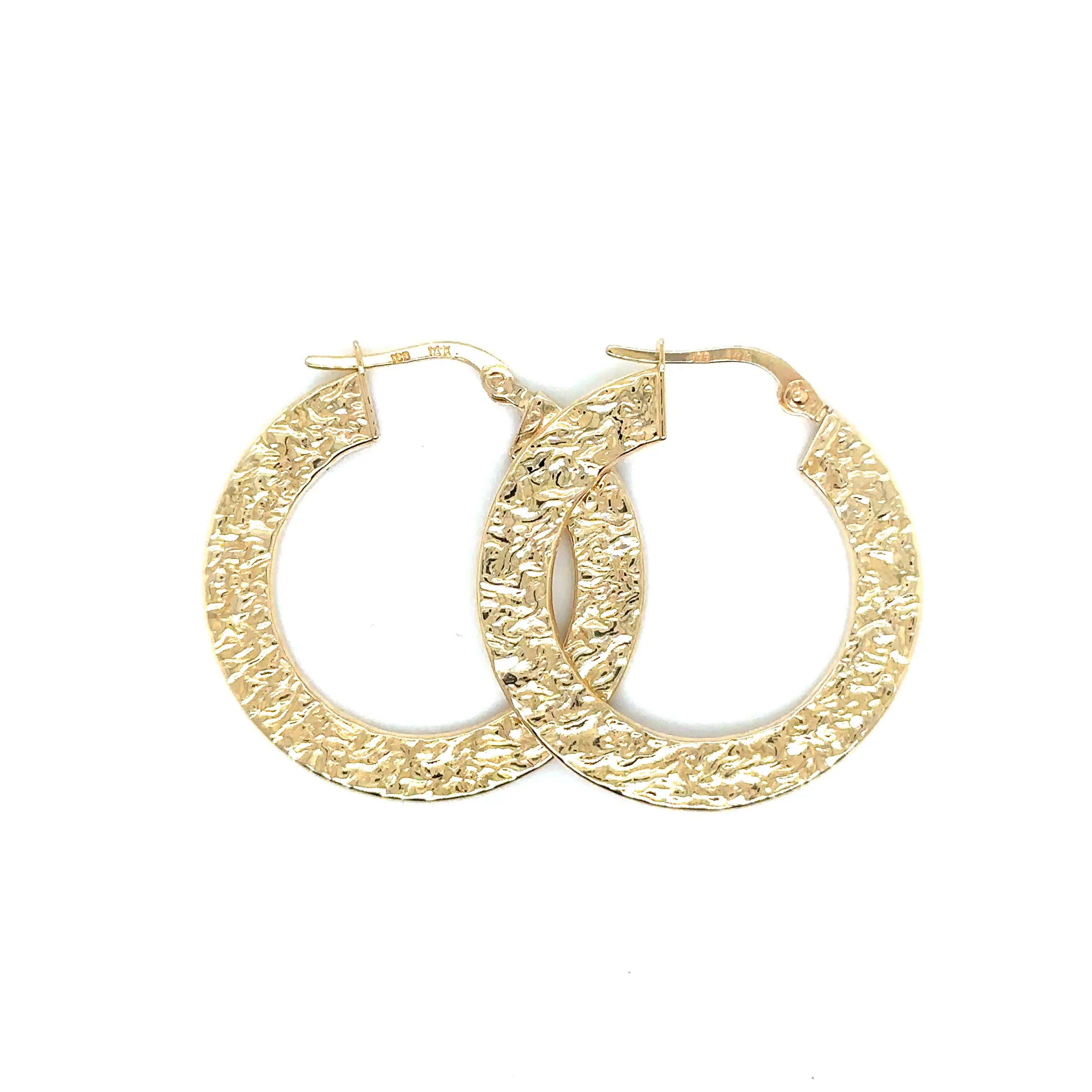 14k Yellow Gold Hammered Finish Hoop Earrings | 1"