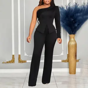 Women’s 2025 Spring New Asymmetrical Shoulder Beaded Two-Piece Plus Size Set