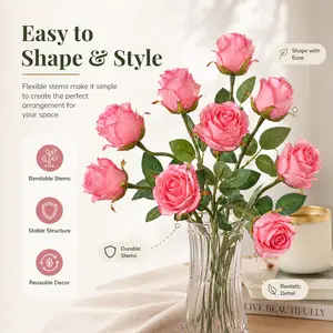 Artificial Pink Rose Bouquet, Realistic Faux Roses with Stems, Silk-Look Fake Flowers for Home Decor, Wedding Centerpieces, Party Table Arrangements, Bedroom & Living Room Decoration