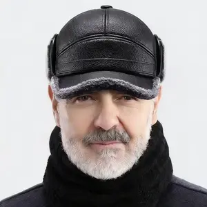 Men's Winter Faux Leather Duckbill Trapper Baseball Cap with Brim - Plush Earmuffs & Earflaps, Windproof Waterproof Warm Cold Weather Headwear for Elderly, Ideal for Outdoor Hunting, One Size Fits Most