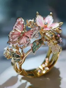 Butterfly Flower Oil Drop Ring for Women, Leaf Accents, Floral Design, Daily Fashion Accessory, Perfect Holiday Gift