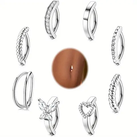 8Pcs Belly Button Ring Surgical Steel 14G Clicker Belly Rings for Women CZ Heart Butterfly Belly Button Piercing Reverse Navel Barbell Rings Body Piercing Jewelry