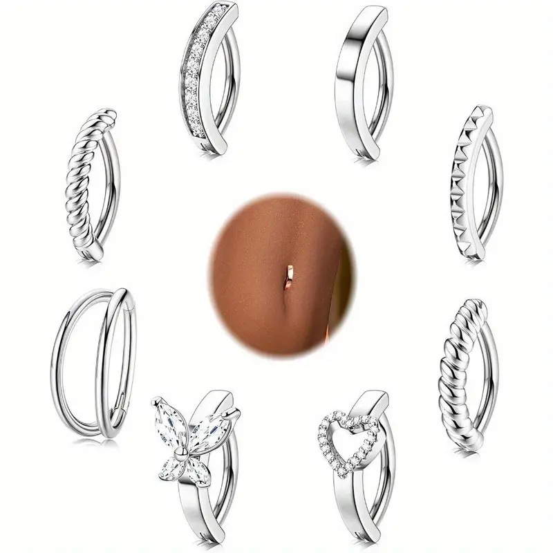 8Pcs Belly Button Ring Surgical Steel 14G Clicker Belly Rings for Women CZ Heart Butterfly Belly Button Piercing Reverse Navel Barbell Rings Body Piercing Jewelry