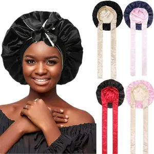 Double-Layer Solid Color Satin Bonnet Sleep Cap for Women Curly Hair Wrap for Sleeping Cap Adjustable Reversible Bonnet with Tie Band Night Cap
