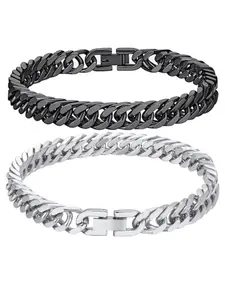 2pcs Cuban Chain Bracelets Cuban Link Bracelet Couple Bracelet Set Couple Gift Stainless Steel Silver Color, 8mm Wide 7.48/8.66 Inch, Halloween Christmas Valentine's Day Jewelry
